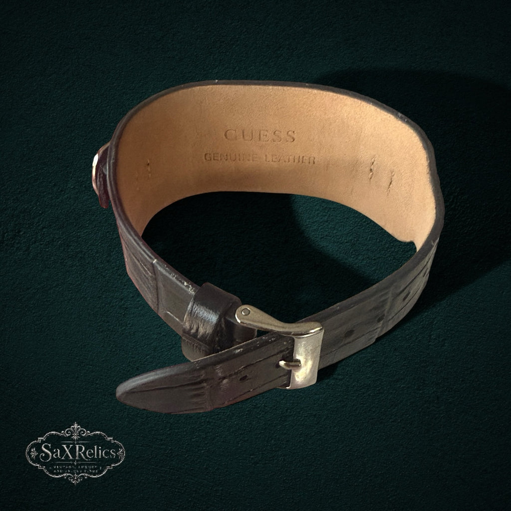 My Store GUESS wide dark brown crocodile-embossed genuine leather cuff watch strap with silver buckle