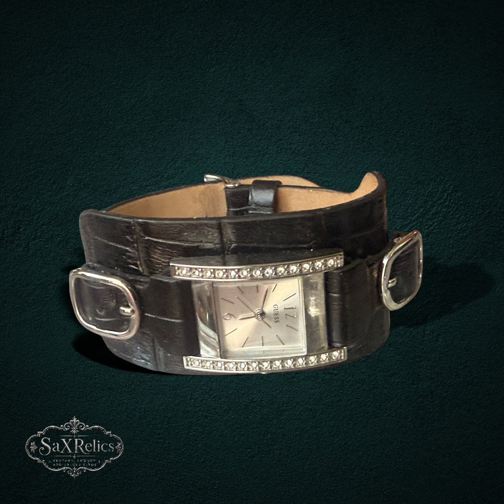 My Store GUESS wide dark brown crocodile-embossed leather cuff watch with a silver rectangular crystal-accented dial