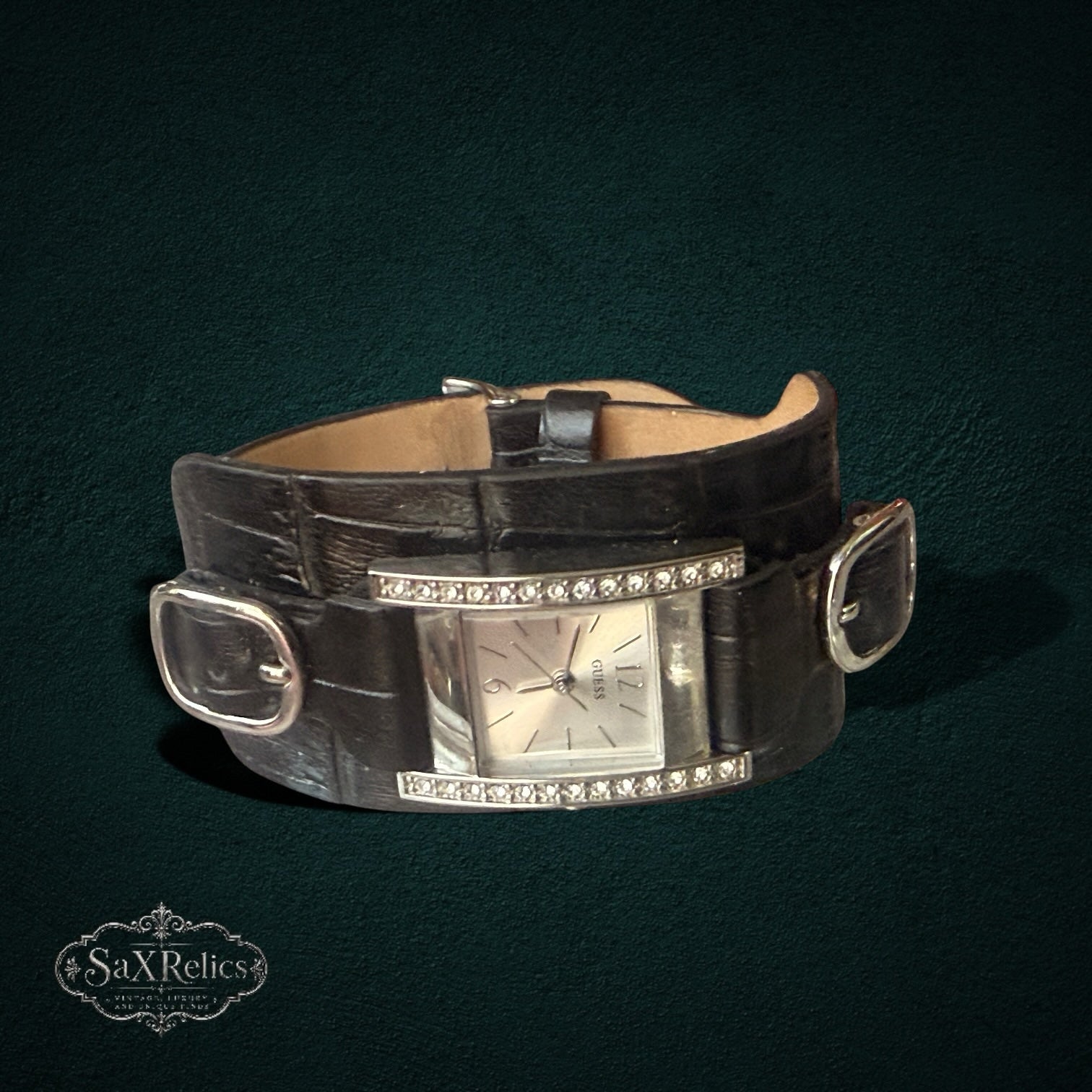 My Store GUESS wide dark brown crocodile-embossed leather cuff watch with a silver rectangular crystal-accented dial