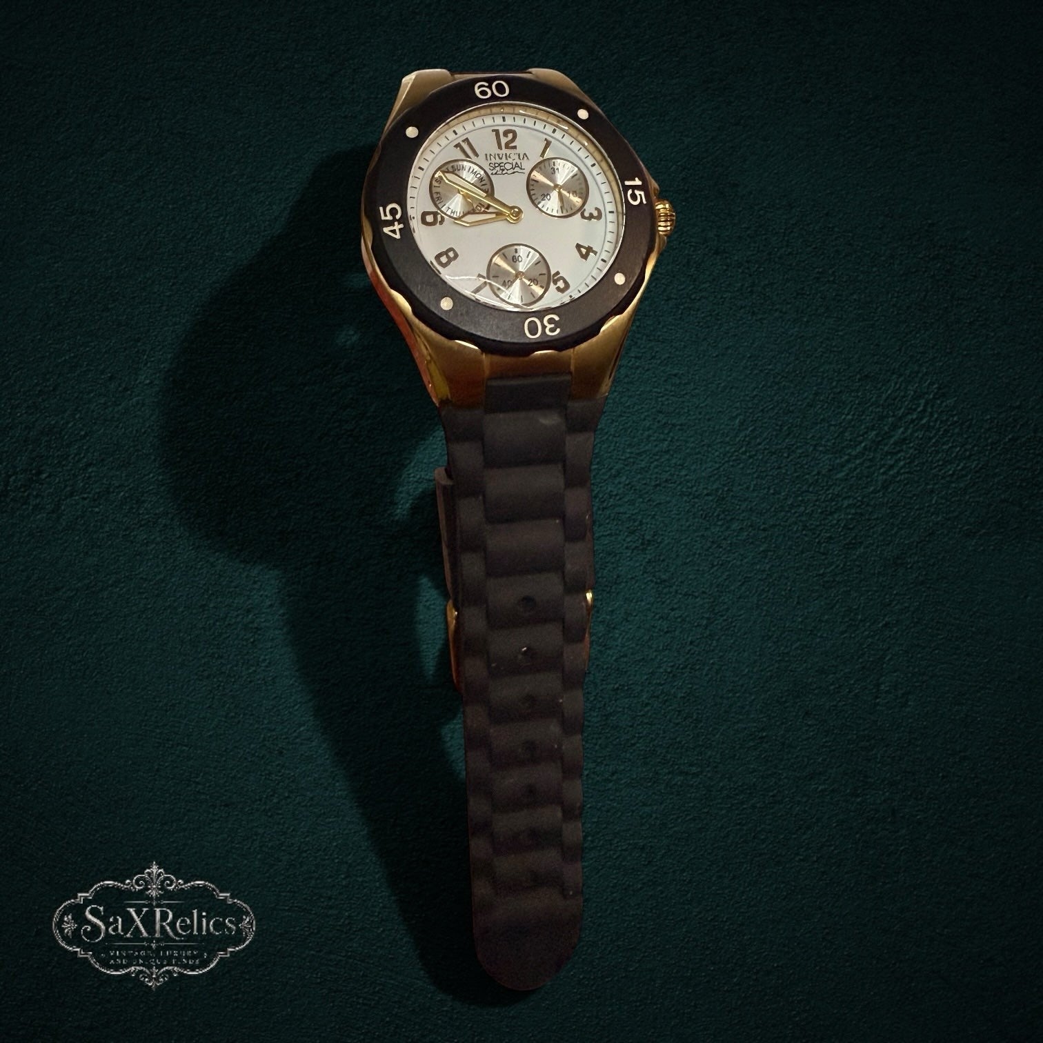 SaX Relics Invicta Angel 18797 watch showing the white dial and three sub-dials