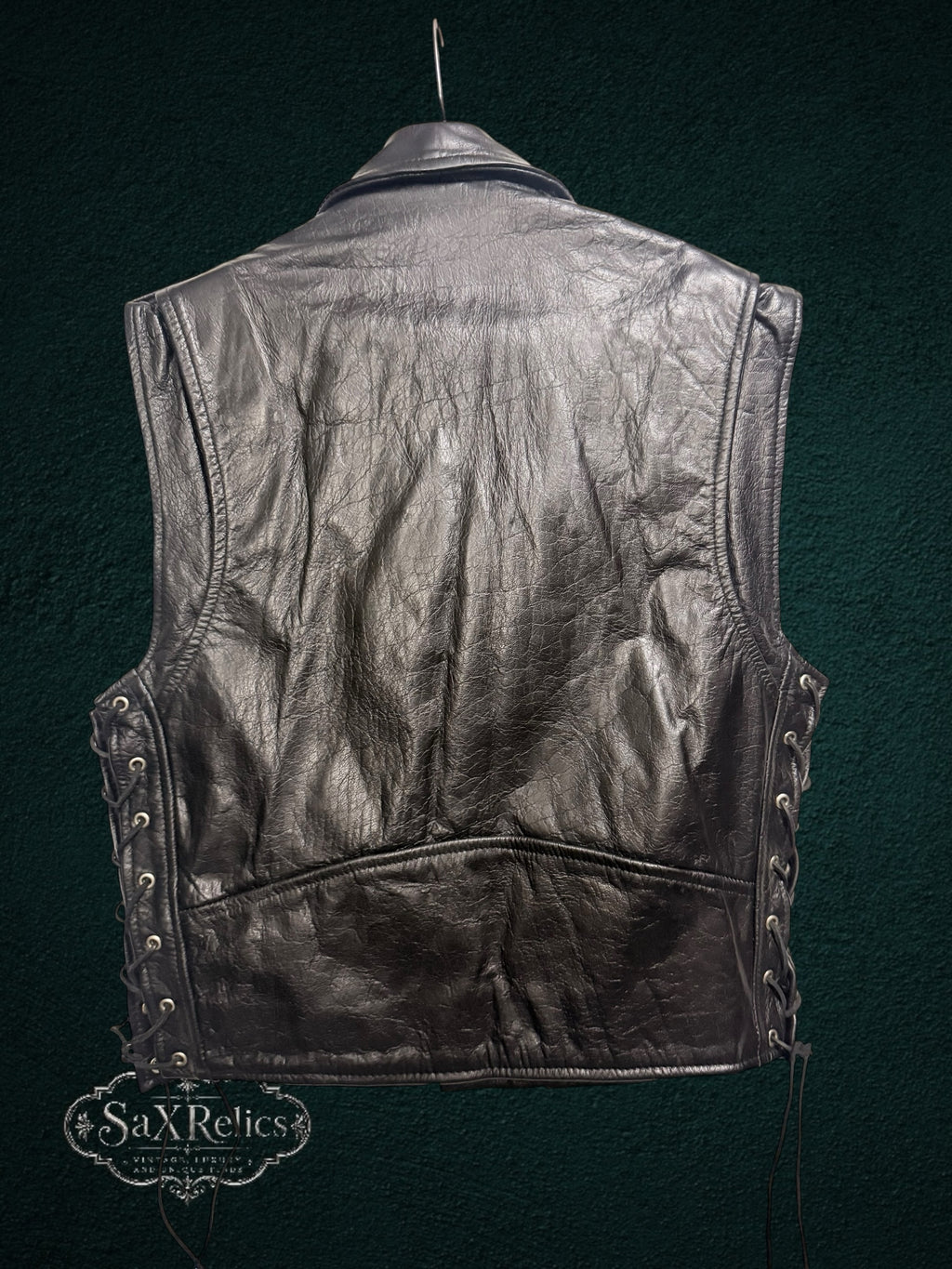 My Store JAMIN LEATHER genuine black leather motorcycle biker vest with adjustable side lacing on a hanger