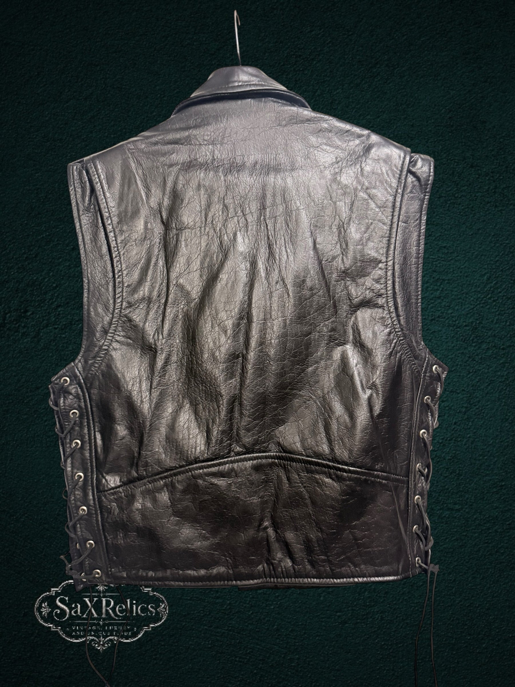 My Store JAMIN LEATHER genuine black leather motorcycle biker vest with adjustable side lacing on a hanger