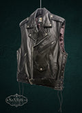 My Store JAMIN LEATHER black genuine leather motorcycle biker vest with side lacing, zip pockets, and snap lapels.