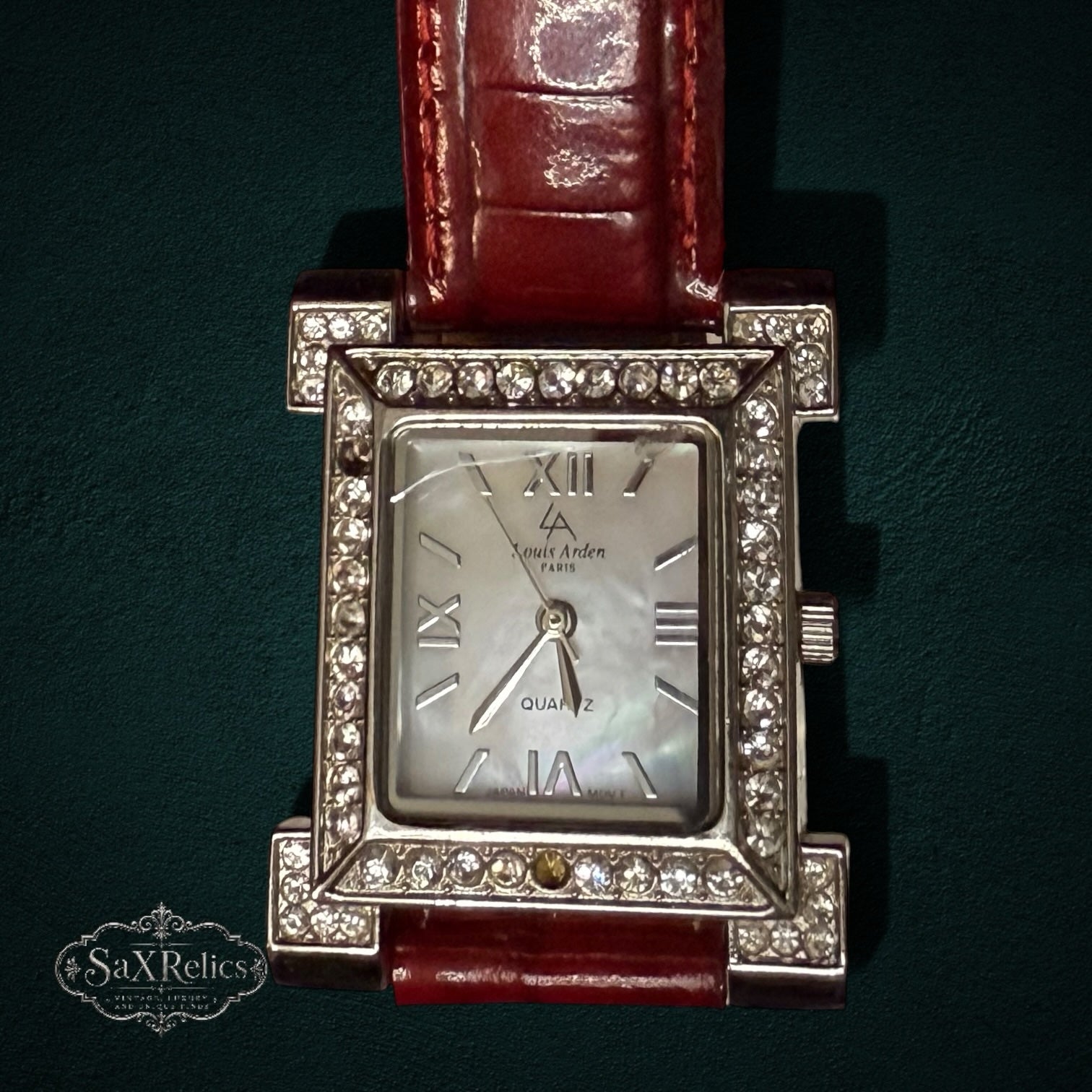SaX Relics Louis Arden Paris rectangular mother-of-pearl watch with crystal-set bezel