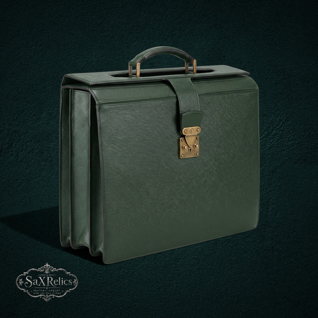 Vintage Louis Vuitton structured briefcase in forest green Taiga leather with brass hardware and lock closure.