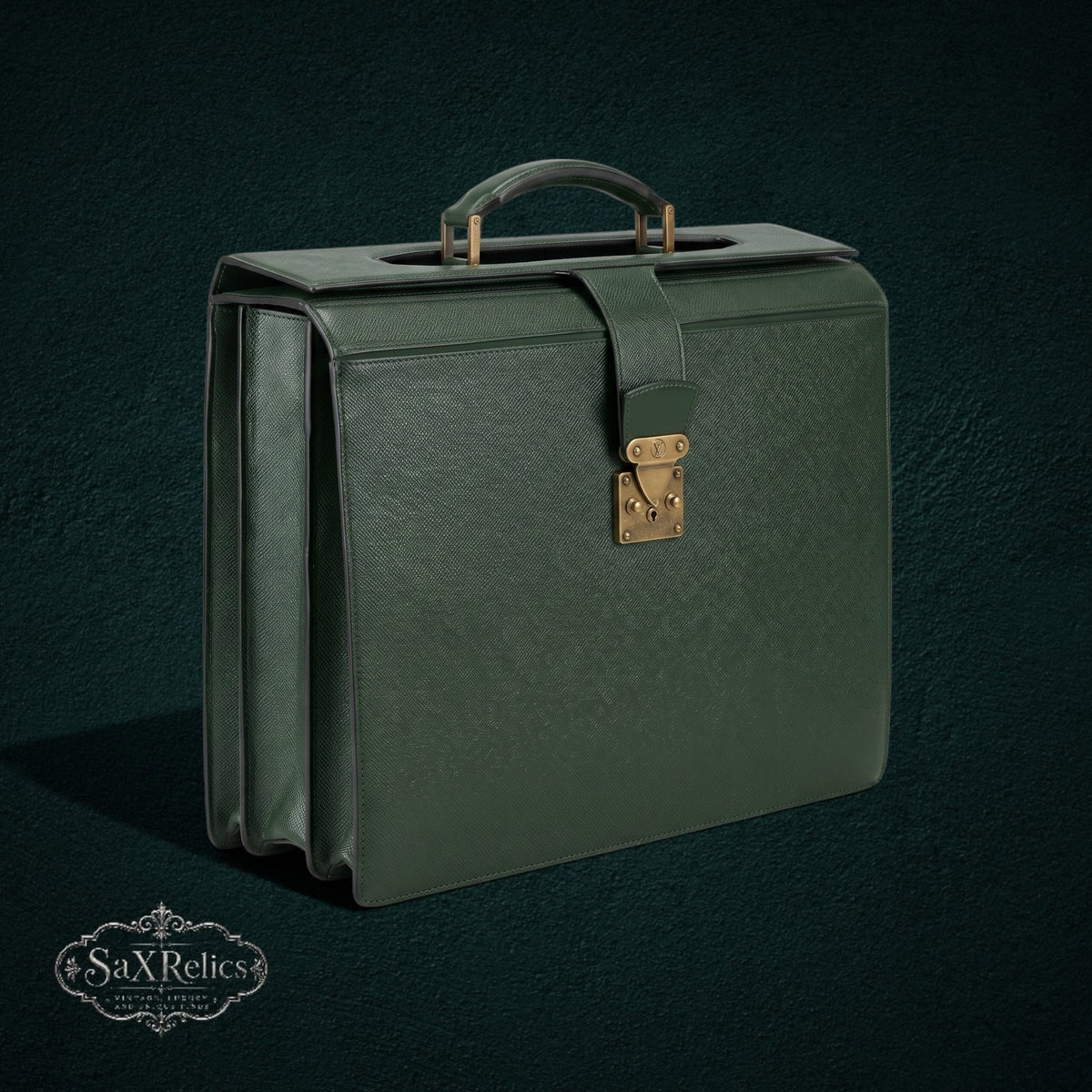 Vintage Louis Vuitton structured briefcase in forest green Taiga leather with brass hardware and lock closure.