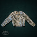 BROTHERS metallic silver-grey leather double-breasted cropped jacket with gold star-embossed buttons.
