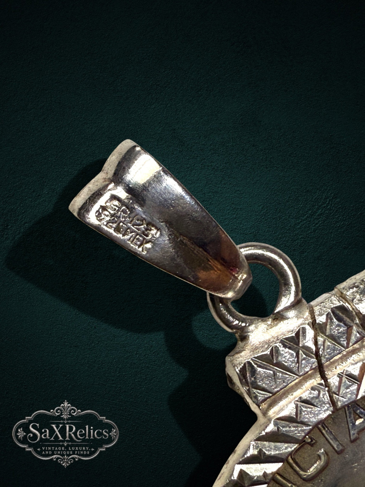My Store vintage Mexican coin pendant featuring a 925 sterling silver bail with hallmark detail