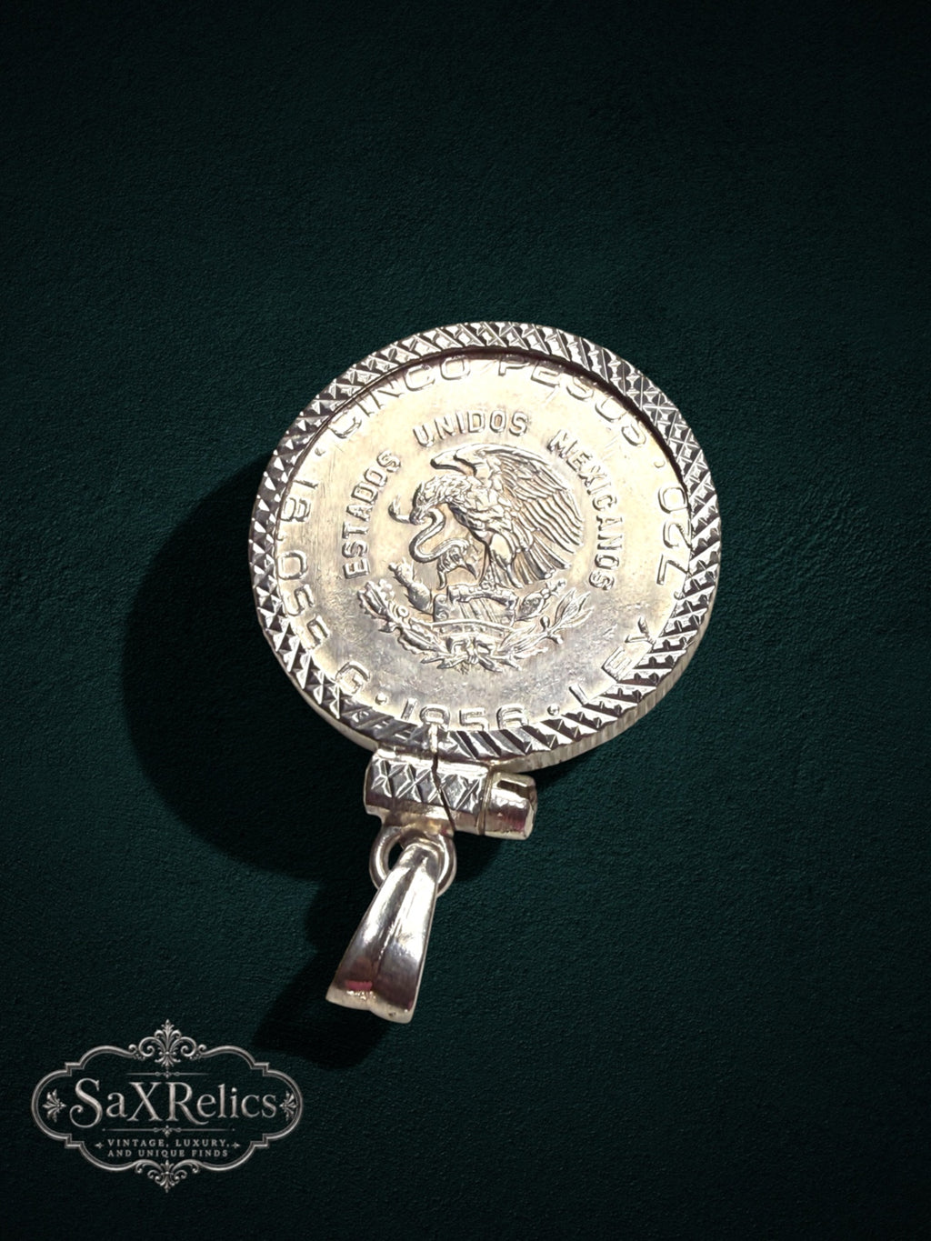 My Store vintage Mexican Cinco Pesos coin pendant in a sterling silver setting with a decorative textured border.