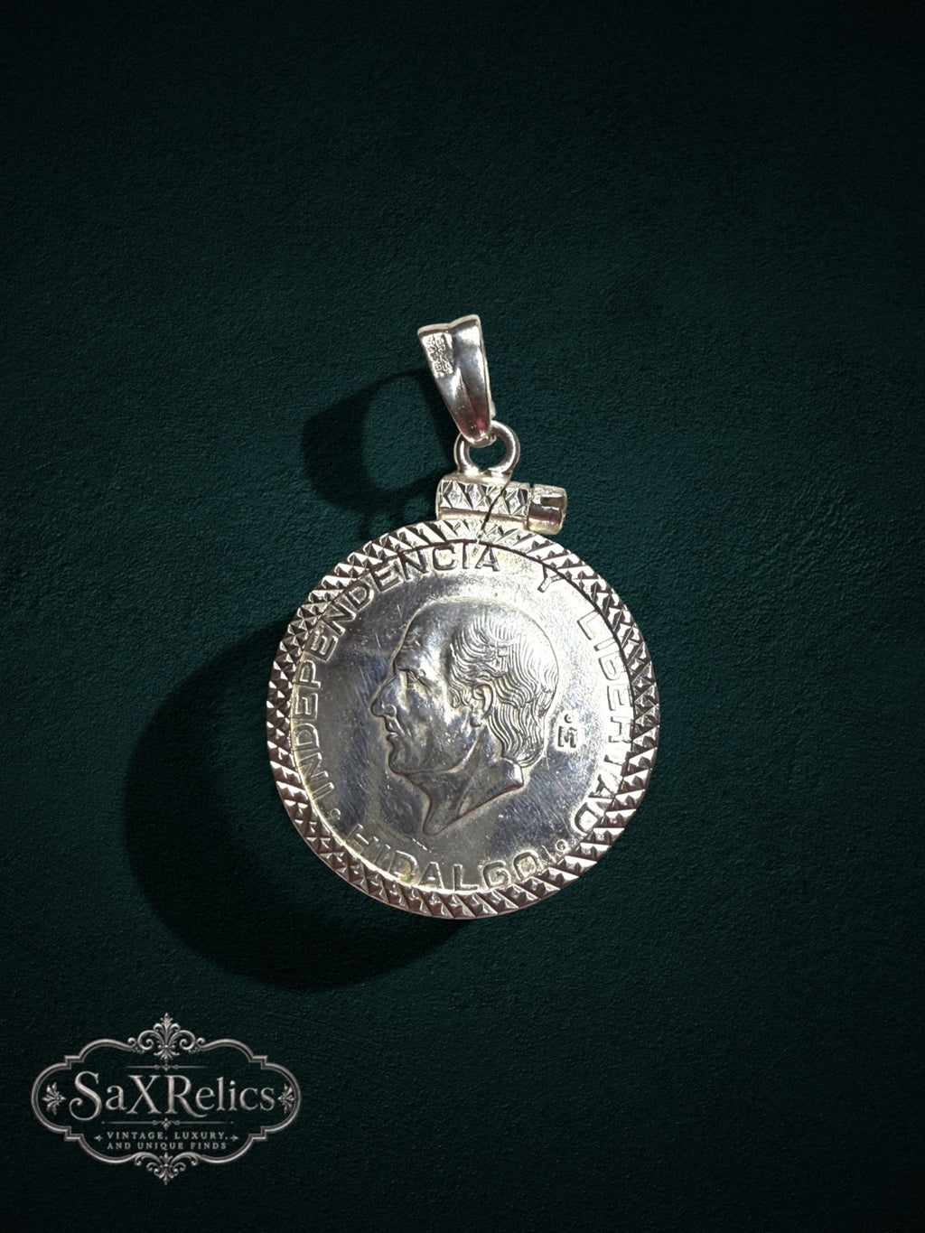 My Store vintage Mexican Cinco Pesos coin pendant in sterling silver with a textured border and Miguel Hidalgo profile.