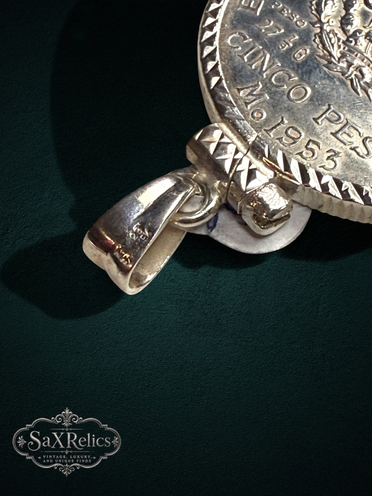 My Store vintage 1953 Mexican Cinco Pesos silver coin pendant with a detailed textured bezel and sturdy bail