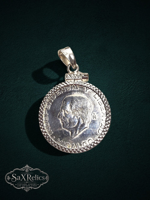 My Store vintage Mexican Cinco Pesos coin pendant in sterling silver with a decorative textured border