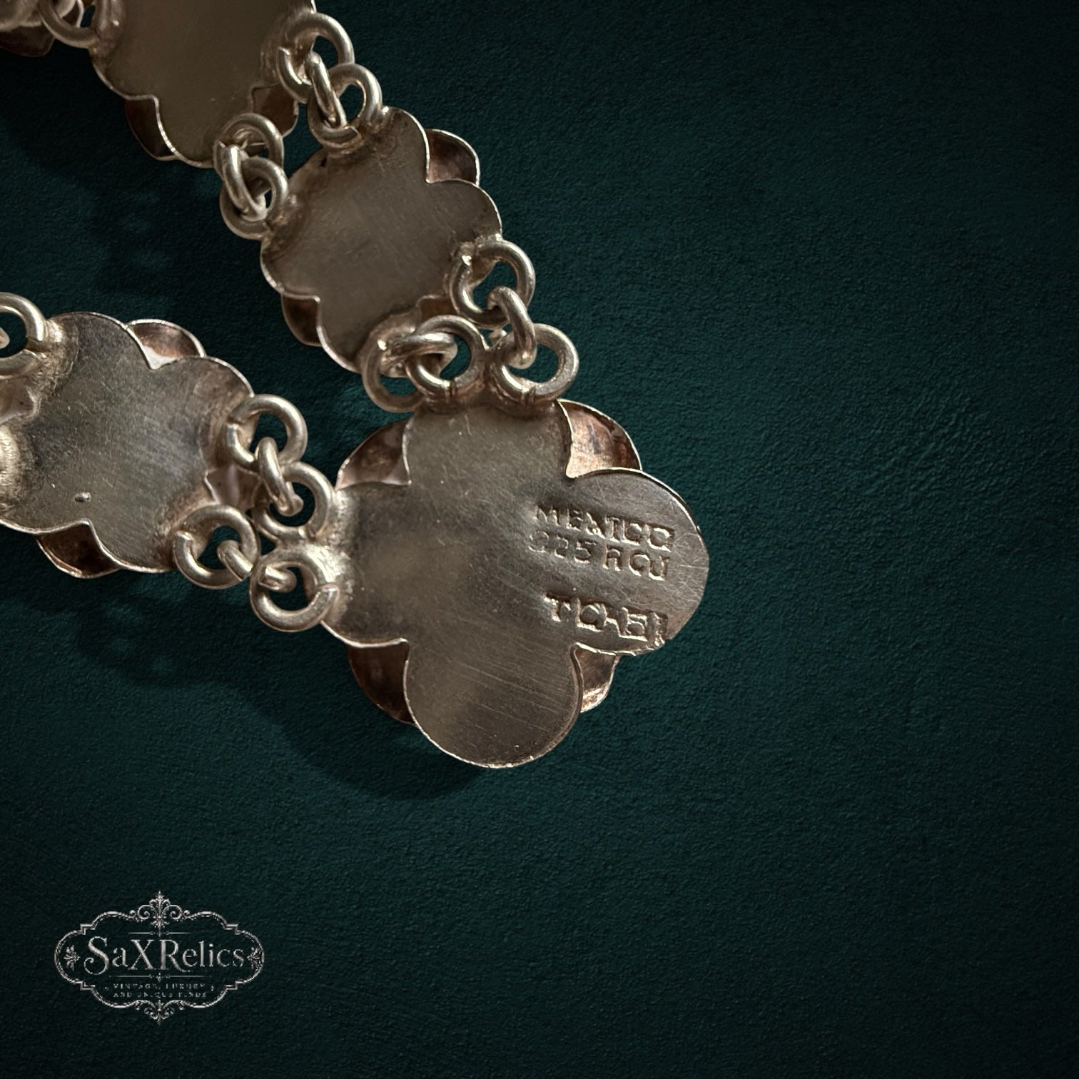 SaX Relics — Rosal necklace hallmark detail: Taxco, Mexico, 925 with registry mark TC-51 stamped on a rose link.