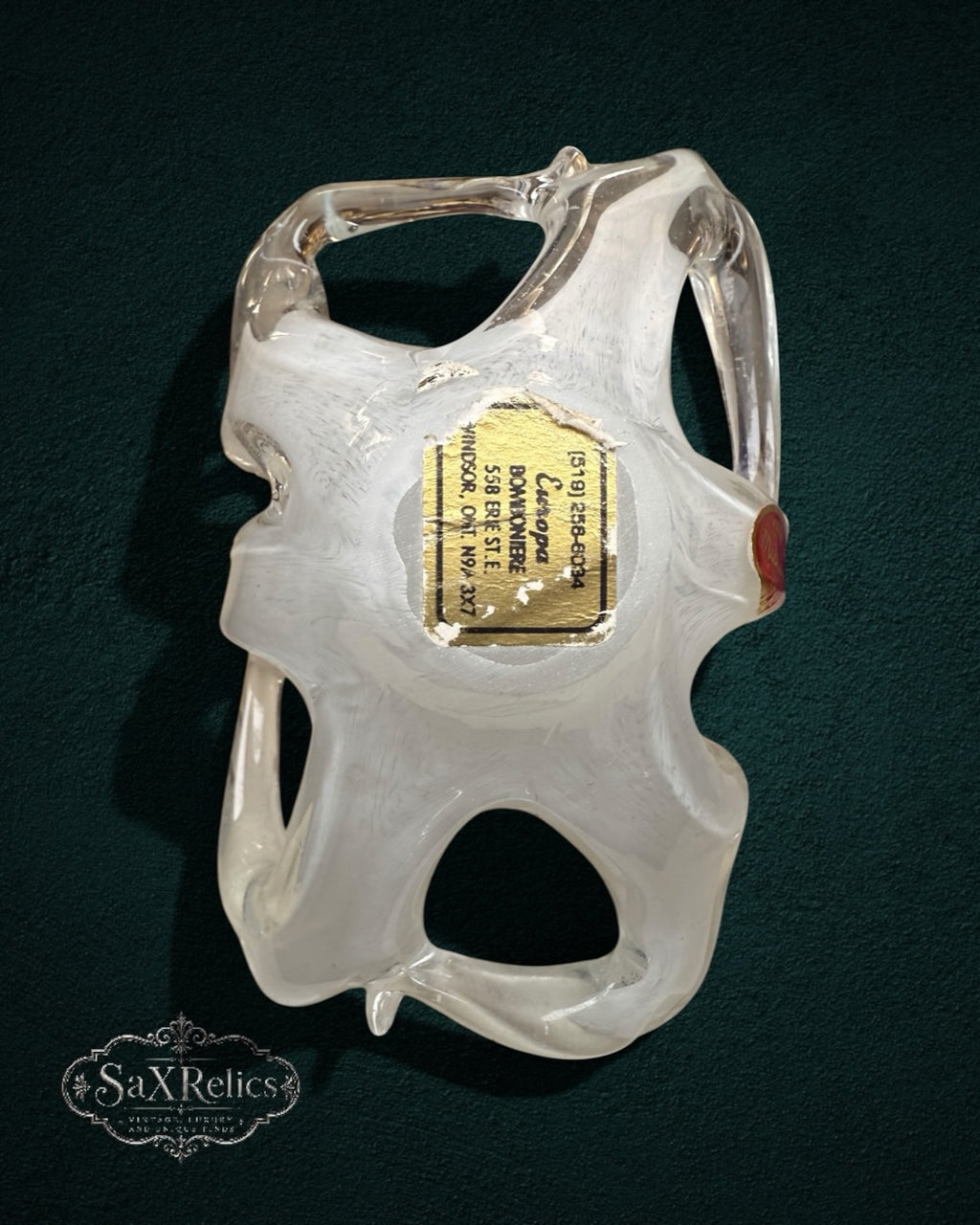 My Store vintage Murano glass centerpiece bowl with organic fluid shape and white latticino swirls, bottom view.