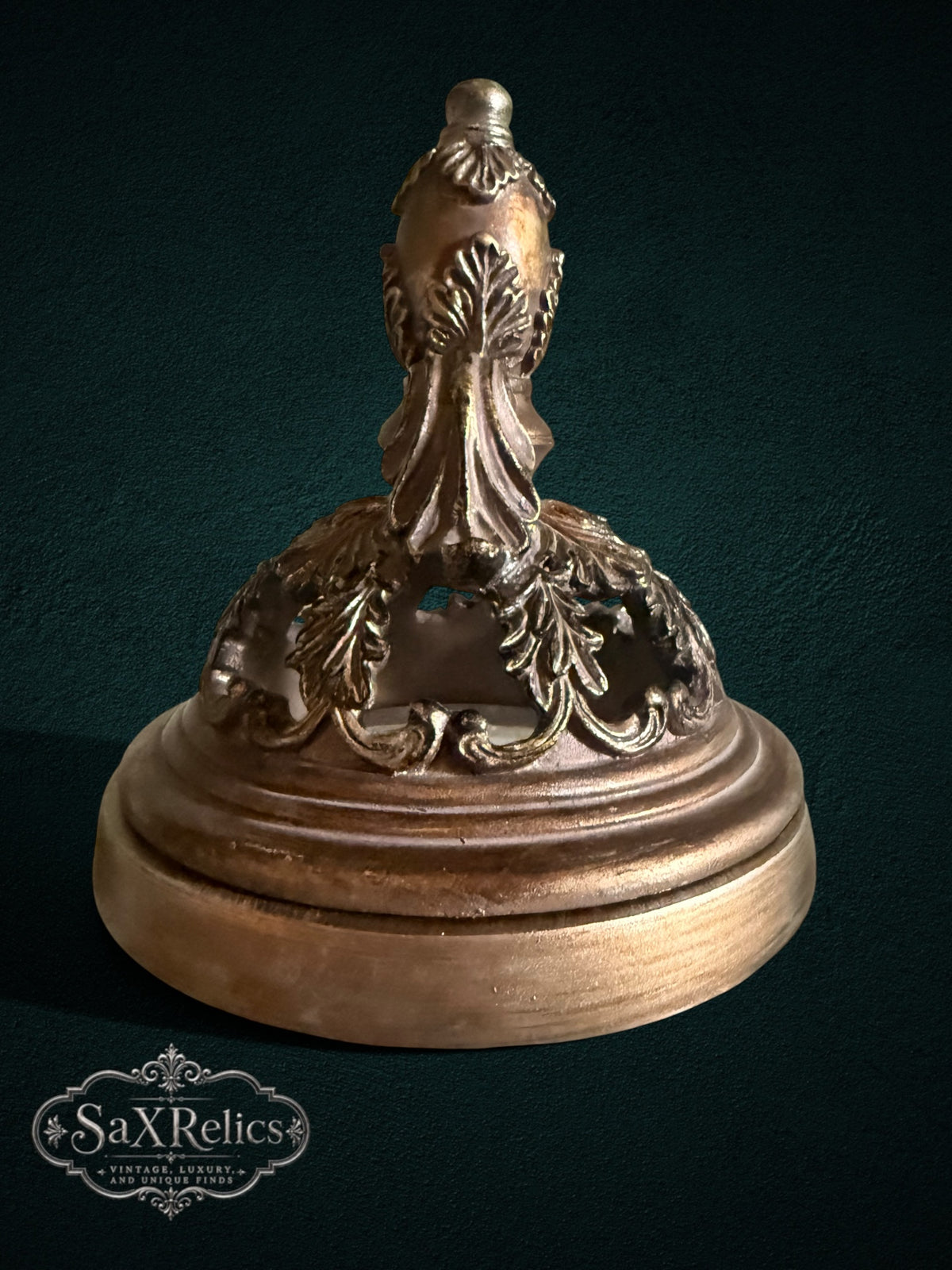 My Store decorative jar lid featuring antique bronze finish with intricate filigree and leaf-inspired metal detailing.