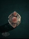 My Store SAXRelics ornate silver filigree statement ring with three earthy-toned cabochon stones on dark background