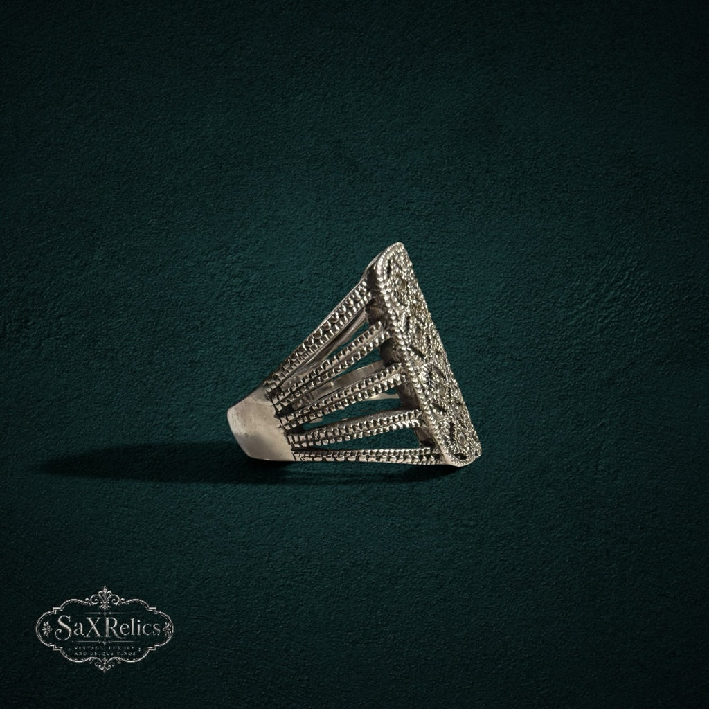 My Store silver-toned statement ring with intricate filigree openwork and marcasite stones on a ribbed band.