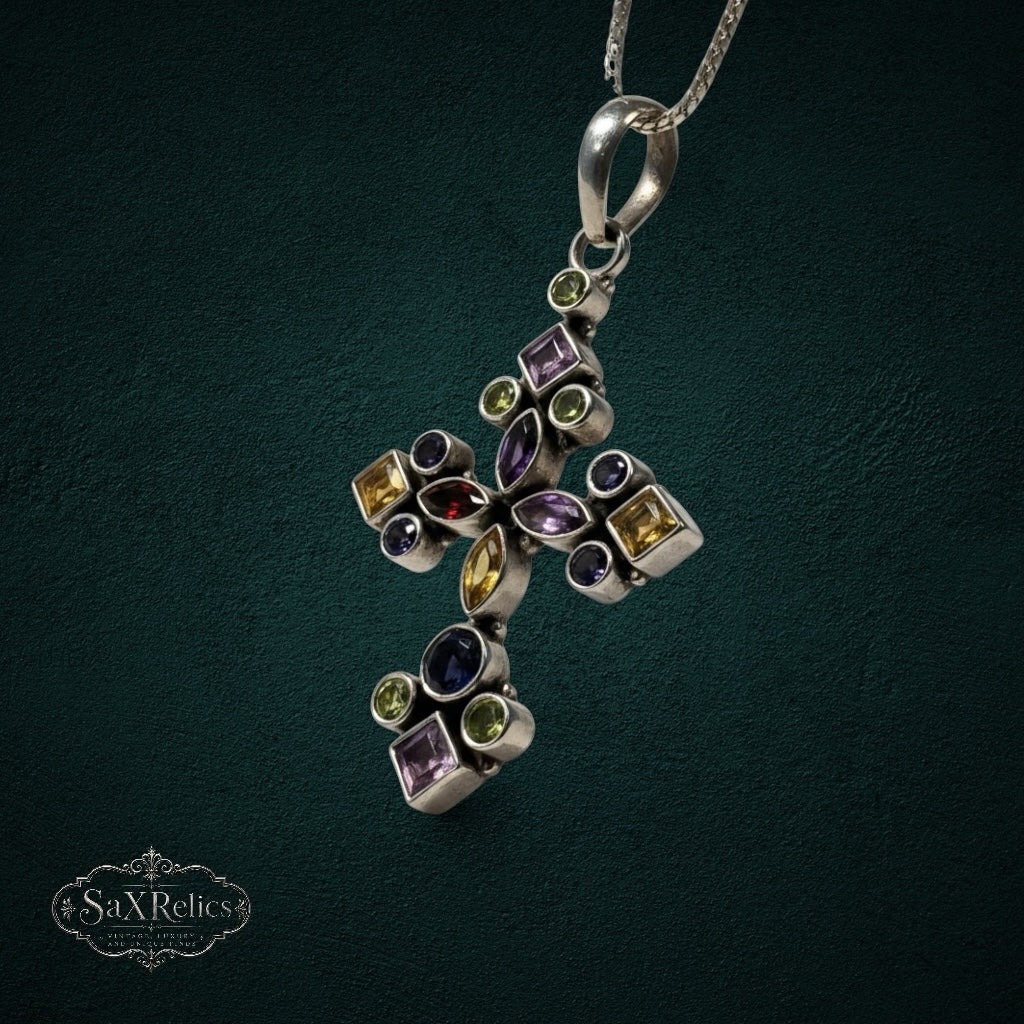 My Store ornate sterling silver cross pendant necklace featuring a mosaic of faceted multi-colored gemstones.