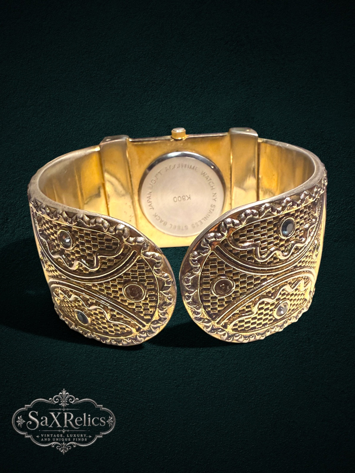 My Store ornate gold-tone wide cuff bracelet watch with intricate textured detailing and a minimalist dial
