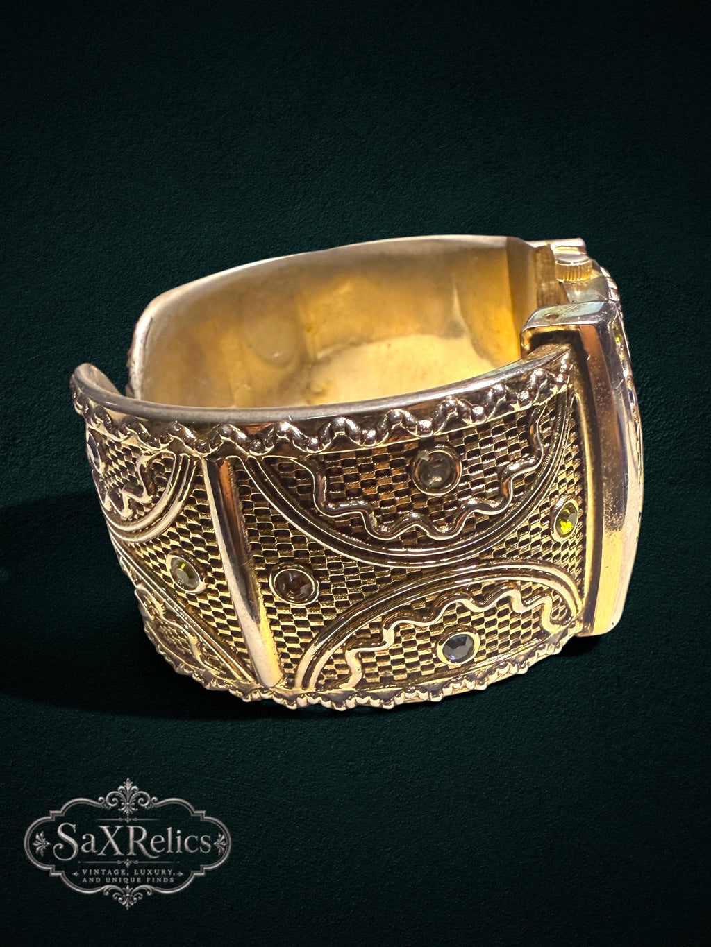 My Store ornate gold-tone wide cuff watch with intricate textured detailing and subtle sparkling accents