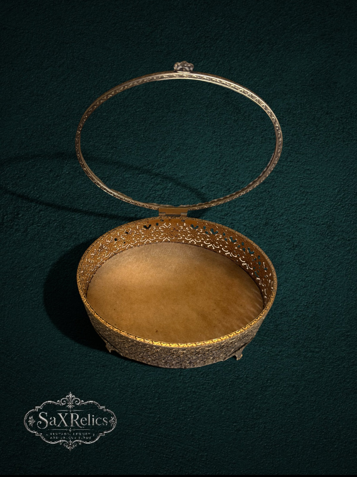 My Store ornate gold-tone filigree metal trinket box with an open hinged lid and velvet-lined interior