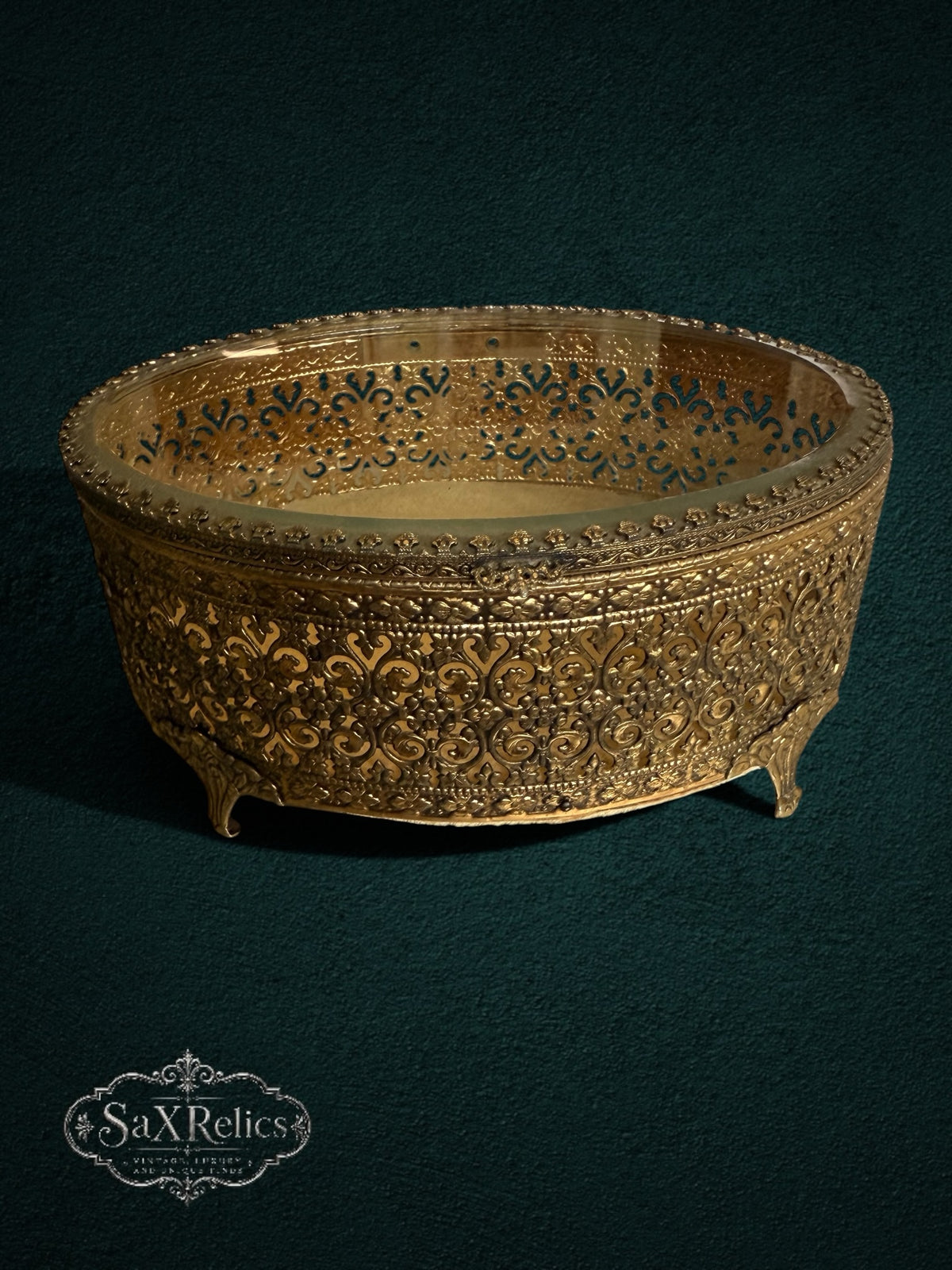 My Store ornate vintage gold-tone metal trinket box with intricate filigree scrollwork and delicate curved feet