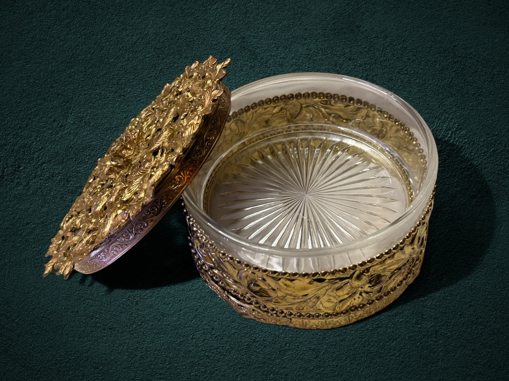 My Store ornate gold metal and faceted glass trinket box with a floral lid for vanity storage