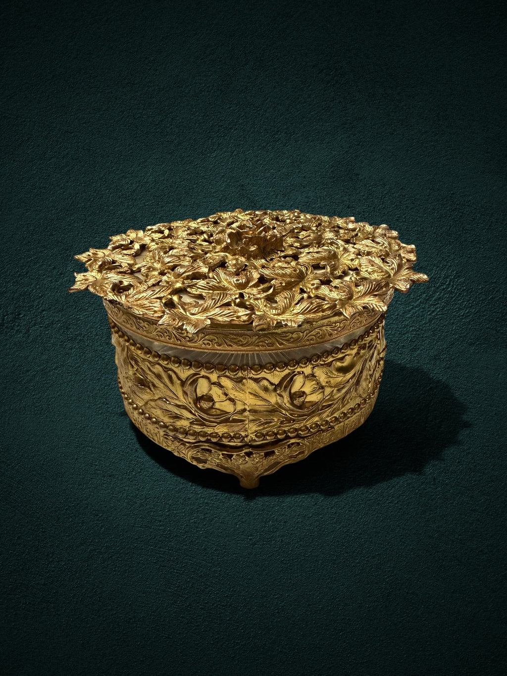 My Store ornate gold metal and glass vanity trinket box with intricate floral lid and leaf motifs