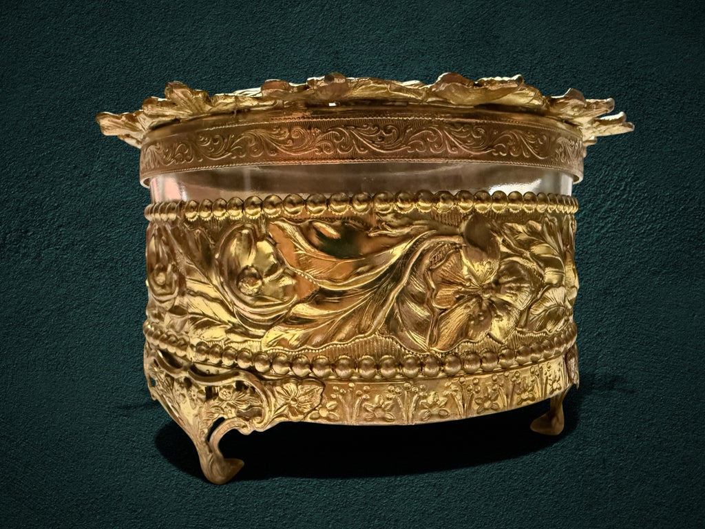 My Store ornate gold-toned metal and glass trinket box with intricate floral relief and vintage-inspired design.