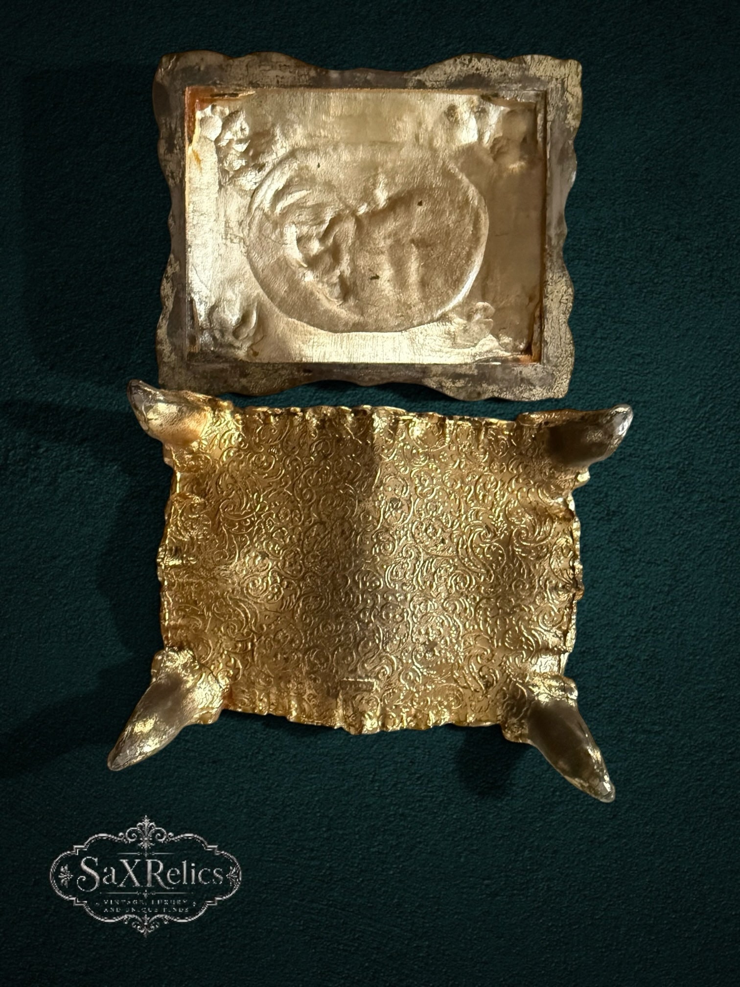 My Store ornate gold-tone metal keepsake box with intricate floral relief, ornate feet, and a detailed lid medallion.