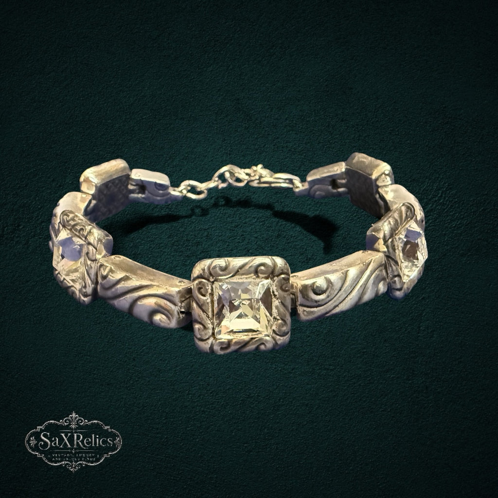 SaX Relics Brighton silver-plated bracelet with square-cut Swarovski crystals in ornate scrollwork frames