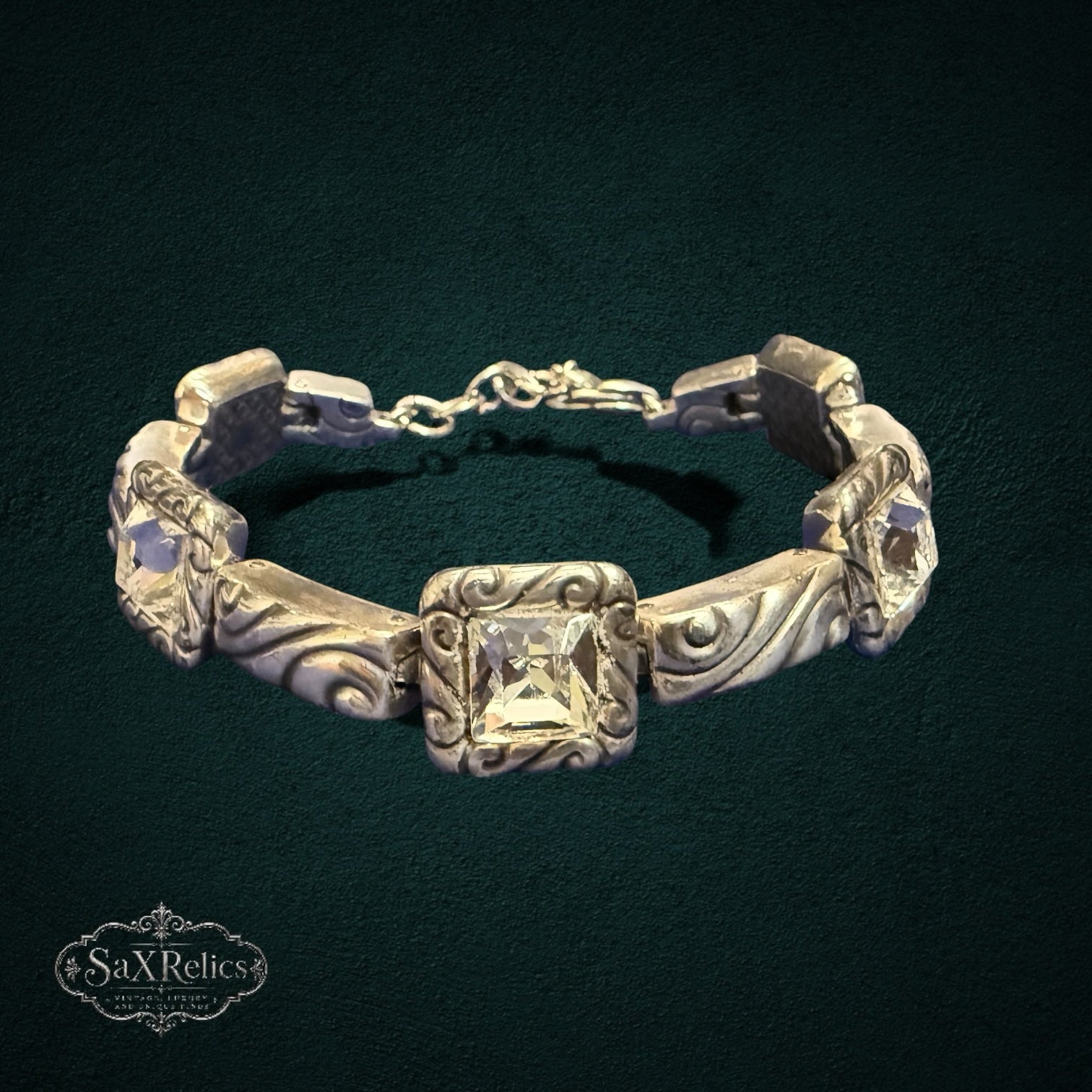 SaX Relics Brighton silver-plated bracelet with square-cut Swarovski crystals in ornate scrollwork frames