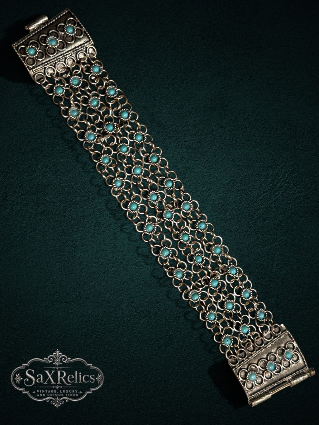 SaX Relics ornate multi-strand link bracelet with antiqued metal finish and robin-egg blue cabochon stones.