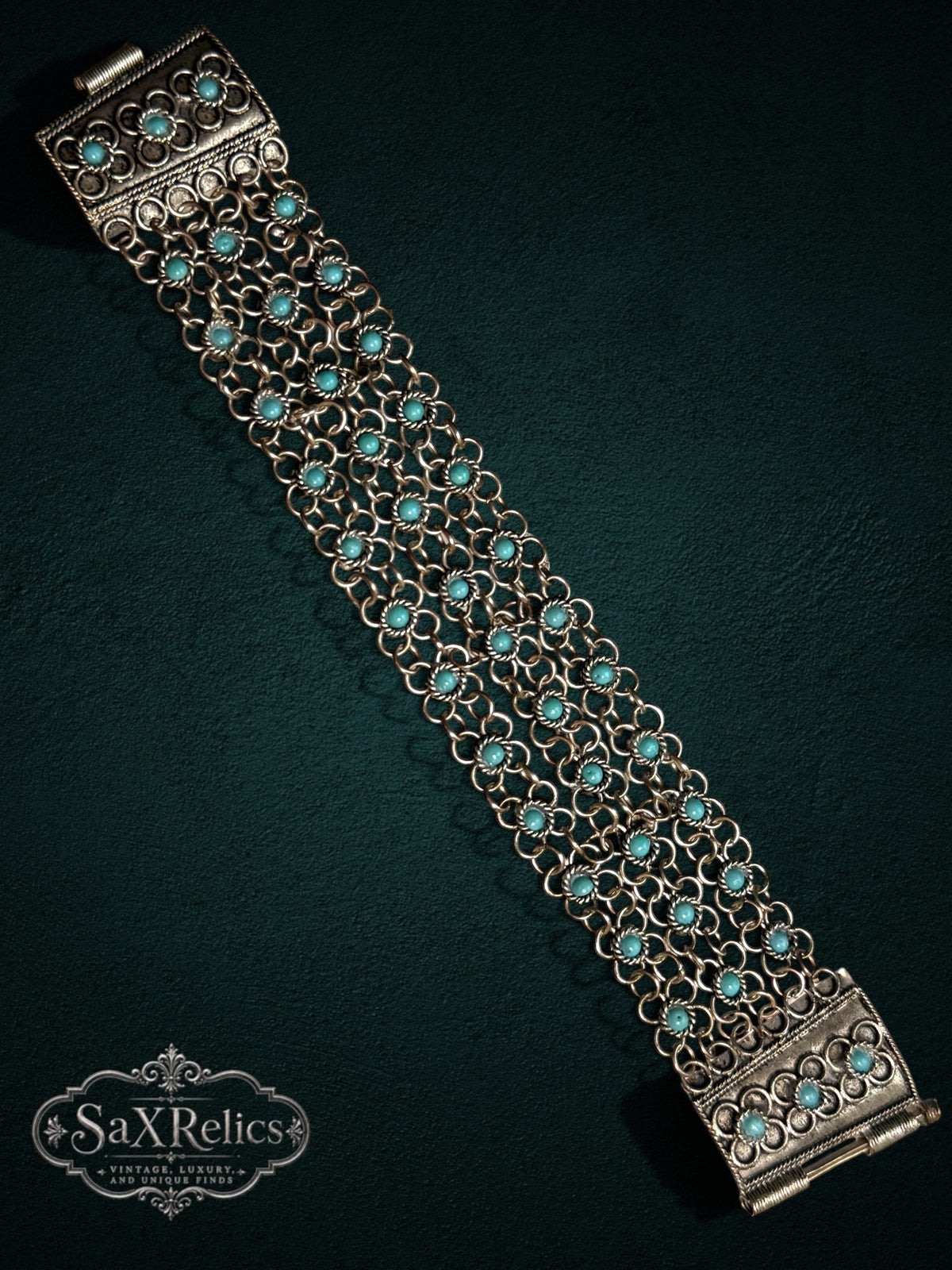 SaX Relics ornate multi-strand link bracelet with antiqued metal finish and robin-egg blue cabochon stones.
