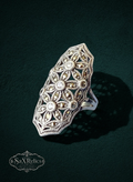 My Store ornate statement ring featuring silver-toned filigree, marcasite stones, and clear accents in a vintage style.