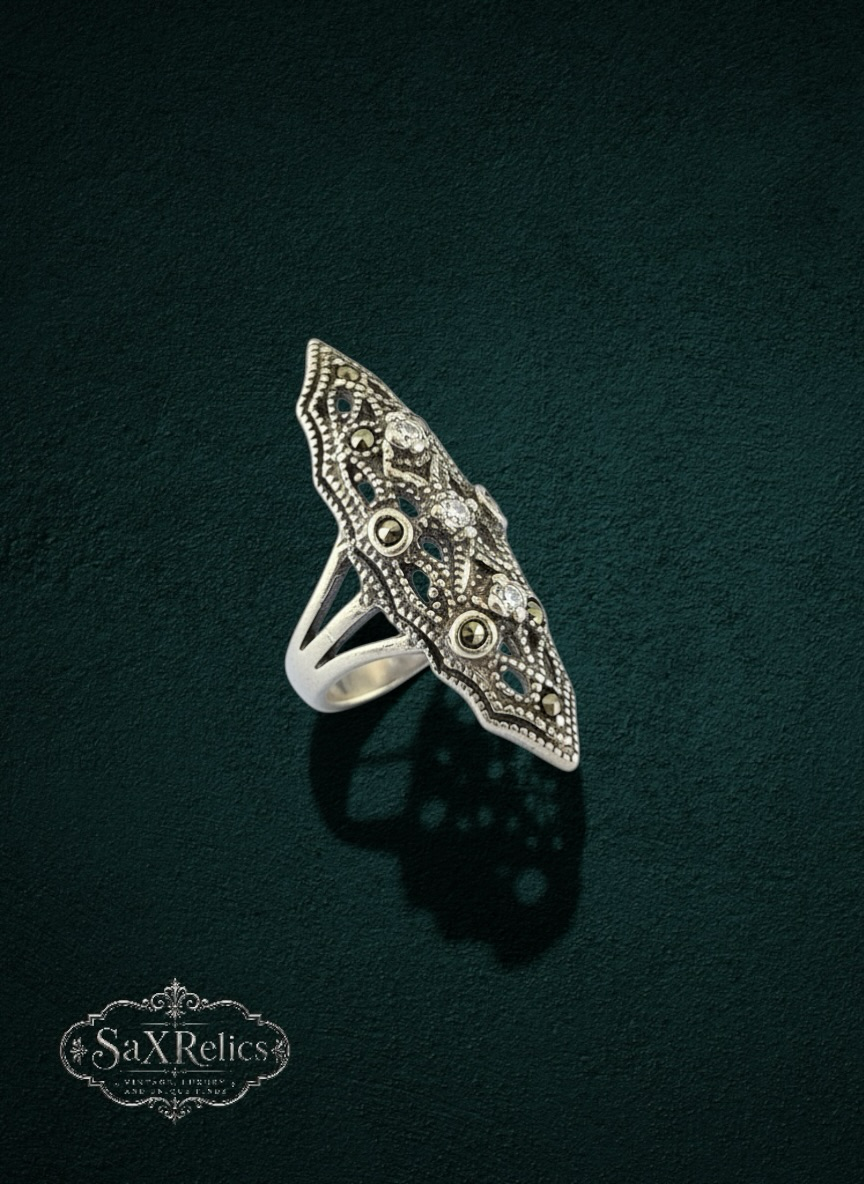 My Store SaXRelics ornate silver statement ring featuring intricate filigree, marcasite, and clear accent stones.