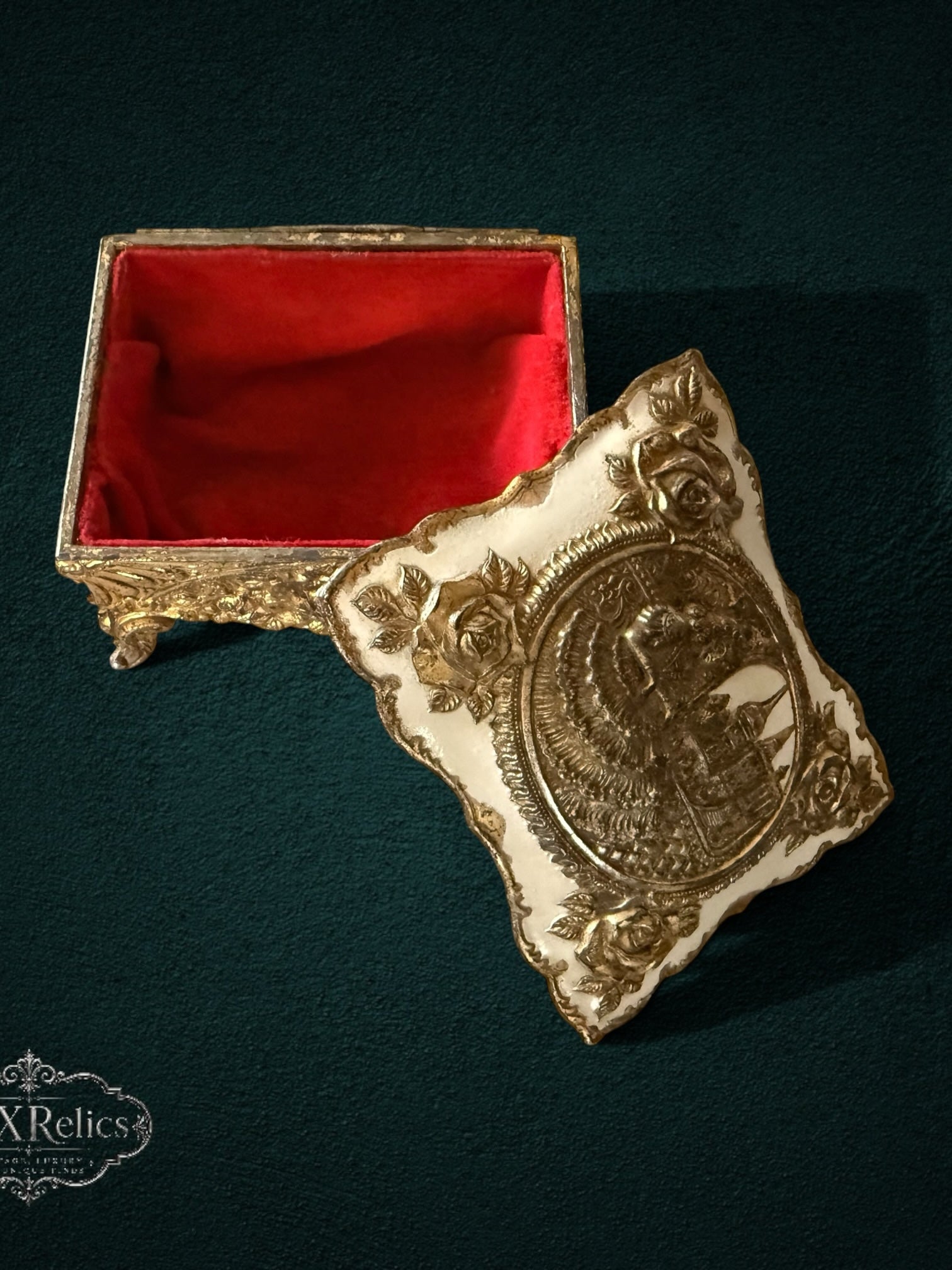 My Store ornate vintage keepsake box with gold metal base, off-white floral lid, and plush red velvet interior.