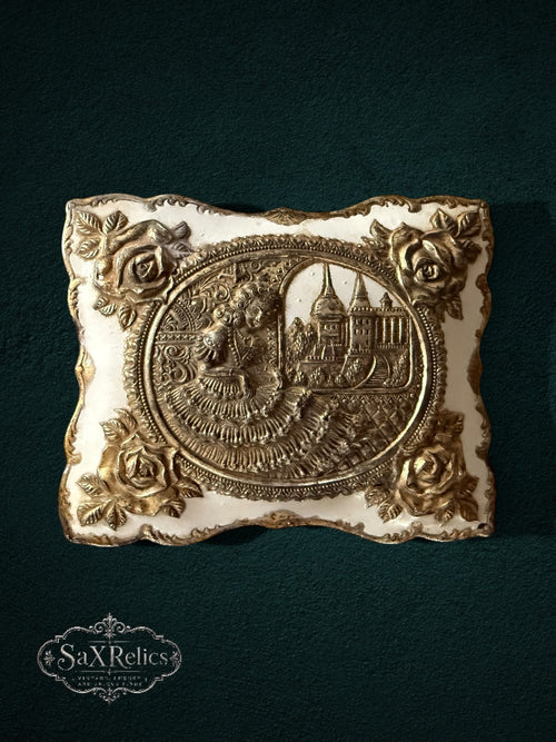 My Store ornate vintage-style keepsake box with gold floral relief, architectural medallion, and off-white finish.