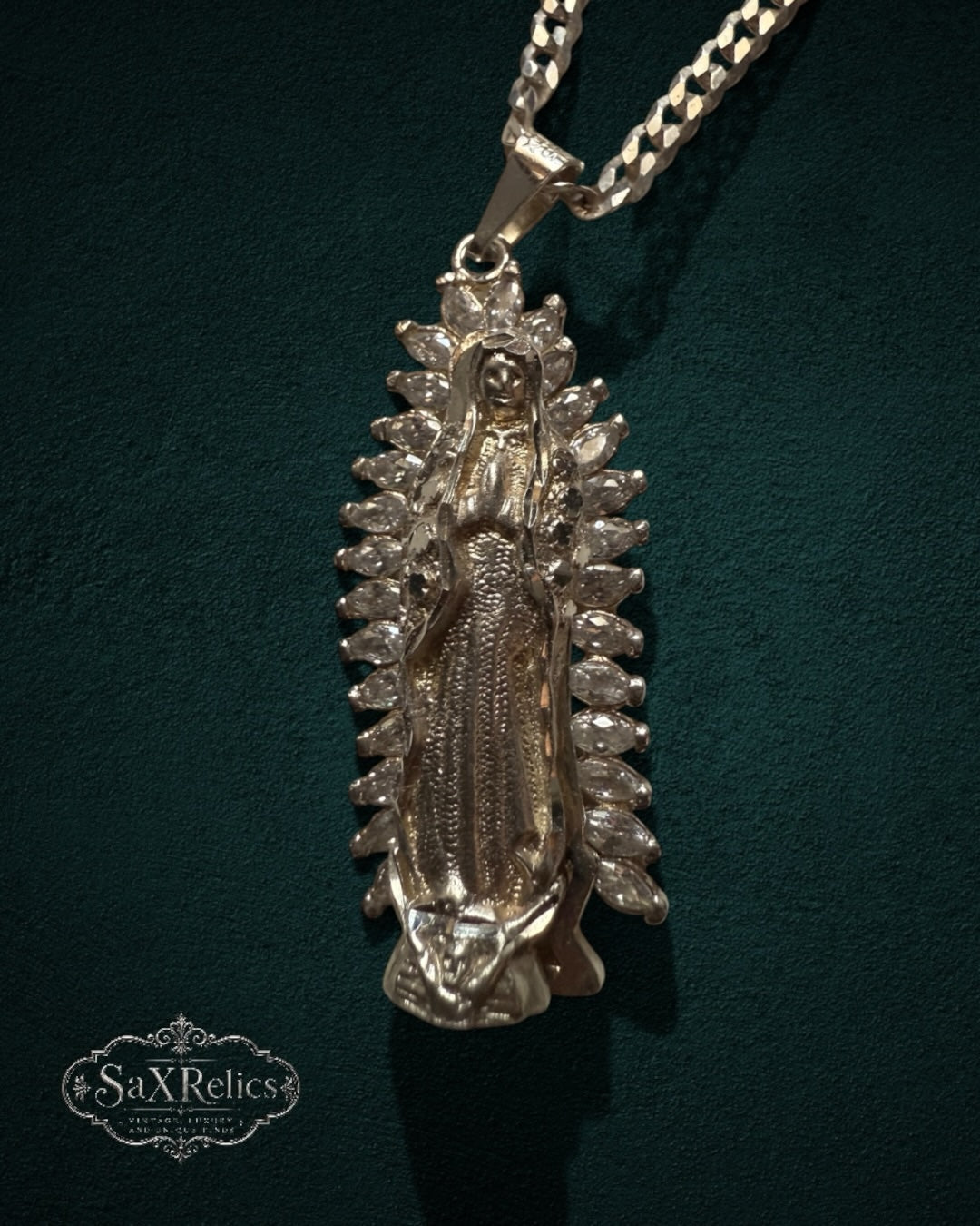My Store SaxRelics silver-tone Our Lady of Guadalupe pendant necklace with shimmering stones on a classic curb chain