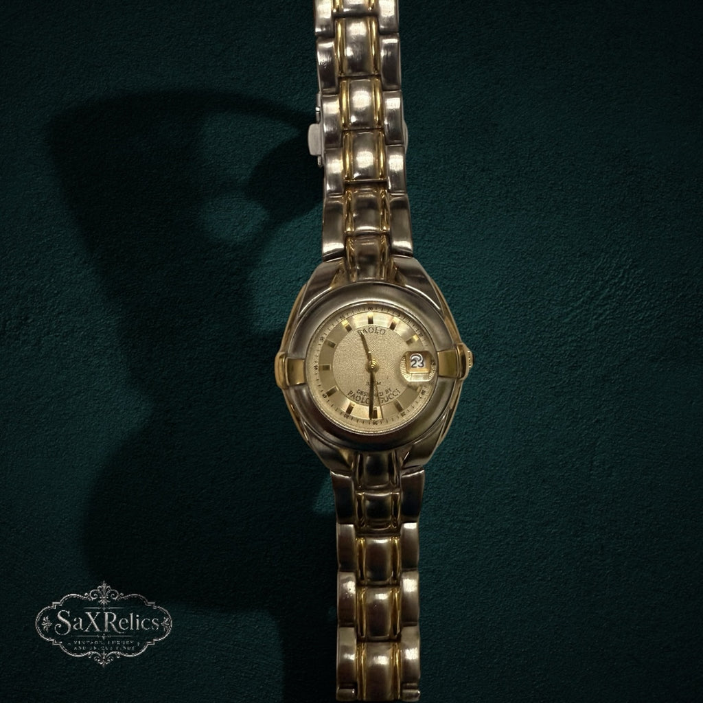 My Store PAOLO Designed By PAOLO GUCCI two-tone stainless steel wristwatch with a textured gold dial and date window.