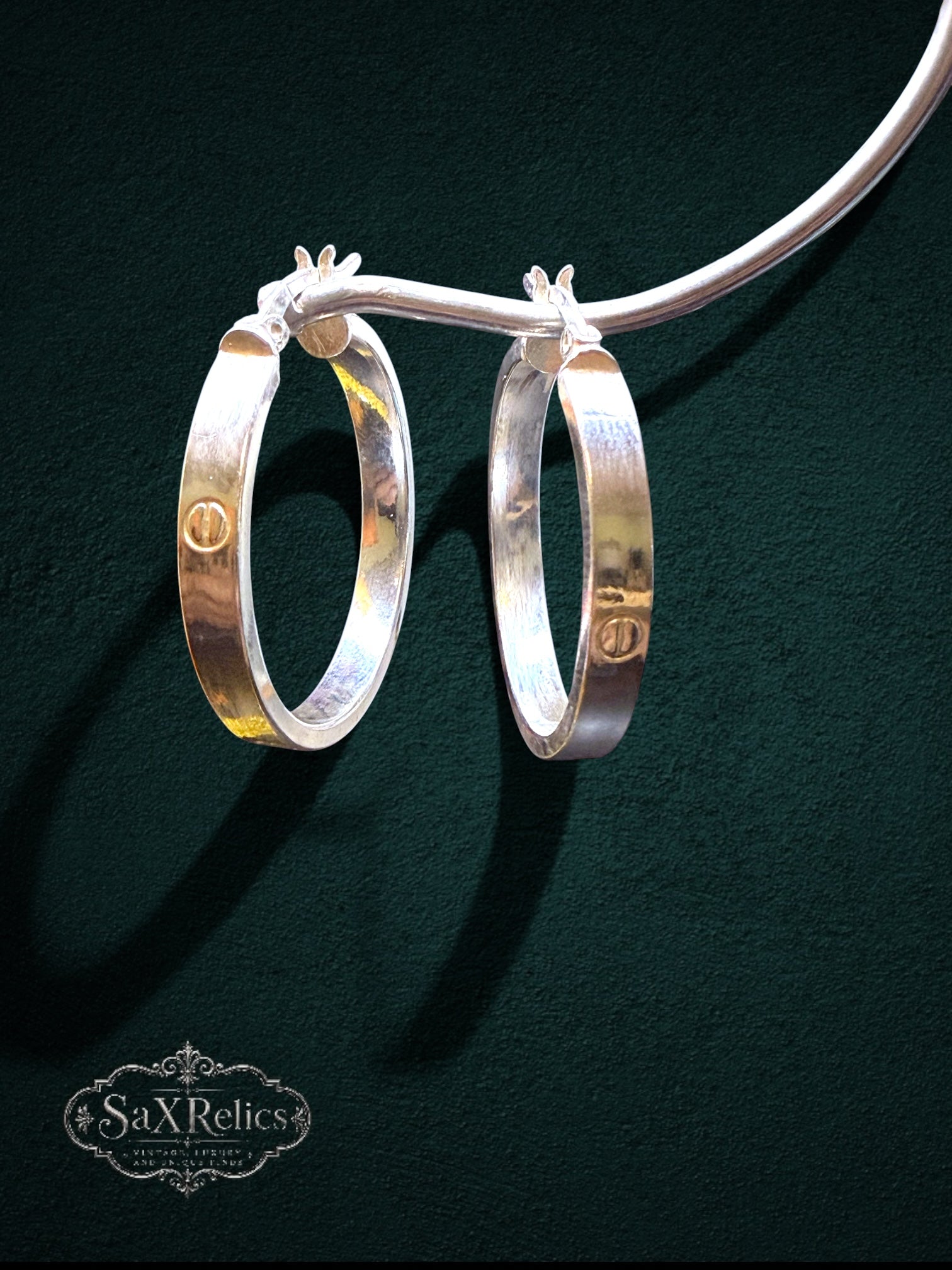 My Store polished sterling silver hoop earrings with engraved circular accents and secure hinged closure