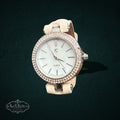 My Store elegant analog quartz wristwatch with a light beige leather strap and a crystal-encrusted bezel.