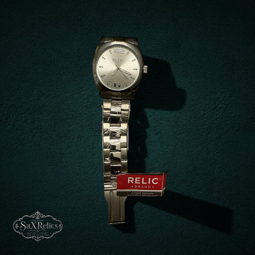 My Store RELIC stainless steel analog wristwatch with a silver-tone rectangular case and link bracelet on dark background