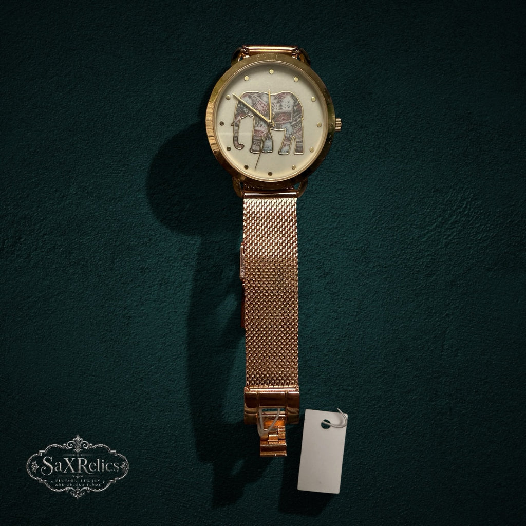 My Store rose gold analog wristwatch with an elephant motif dial and adjustable stainless steel mesh strap