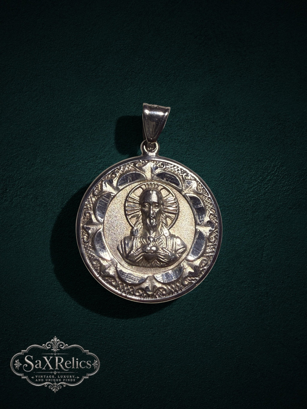 Tilma double-sided sterling silver medallion, Sacred Heart of Jesus side with ornate textured border