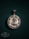 Tilma double-sided sterling silver medallion, Sacred Heart of Jesus side with ornate textured border