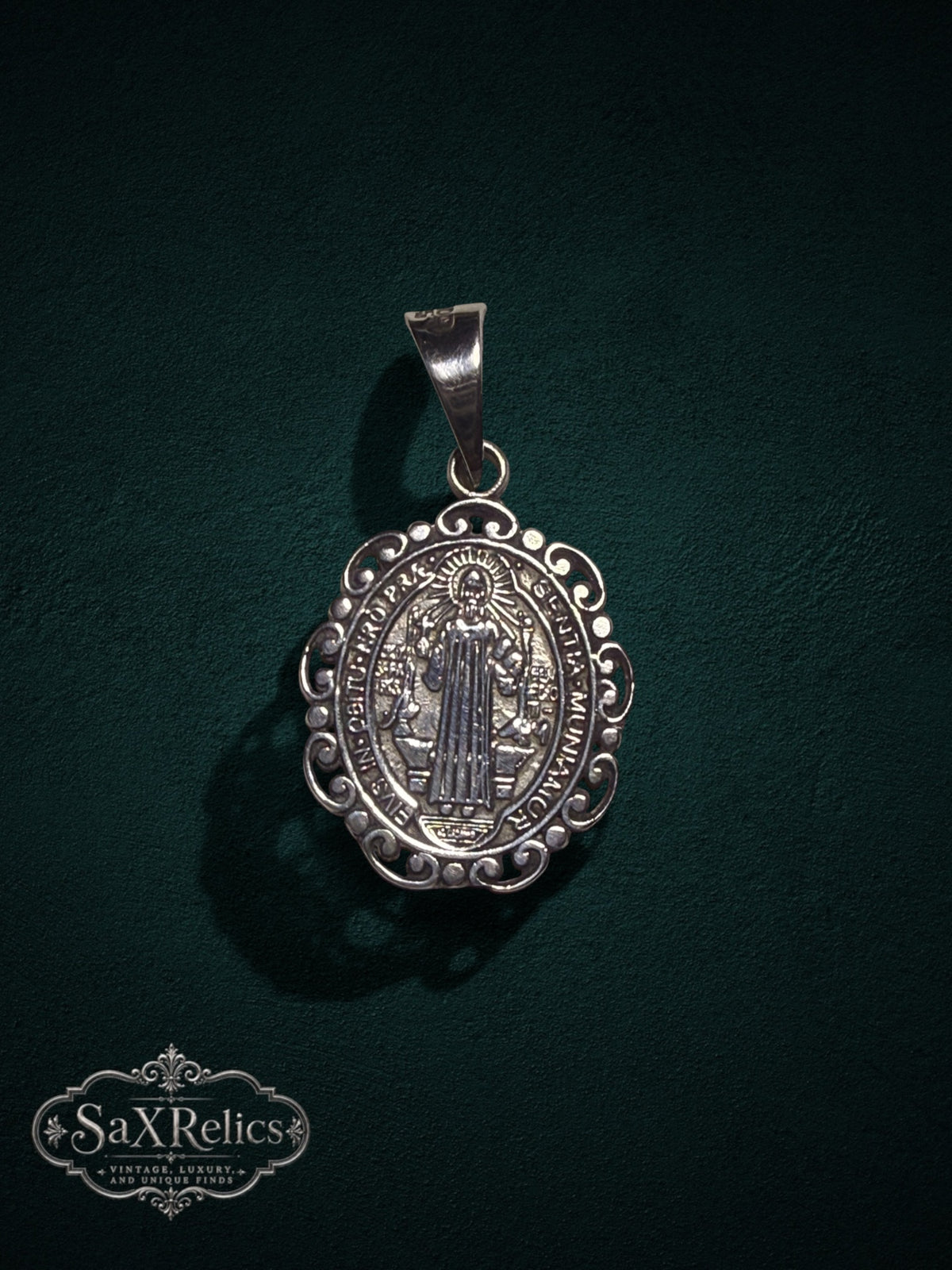 Benito sterling silver Saint Benedict pendant with ornate border