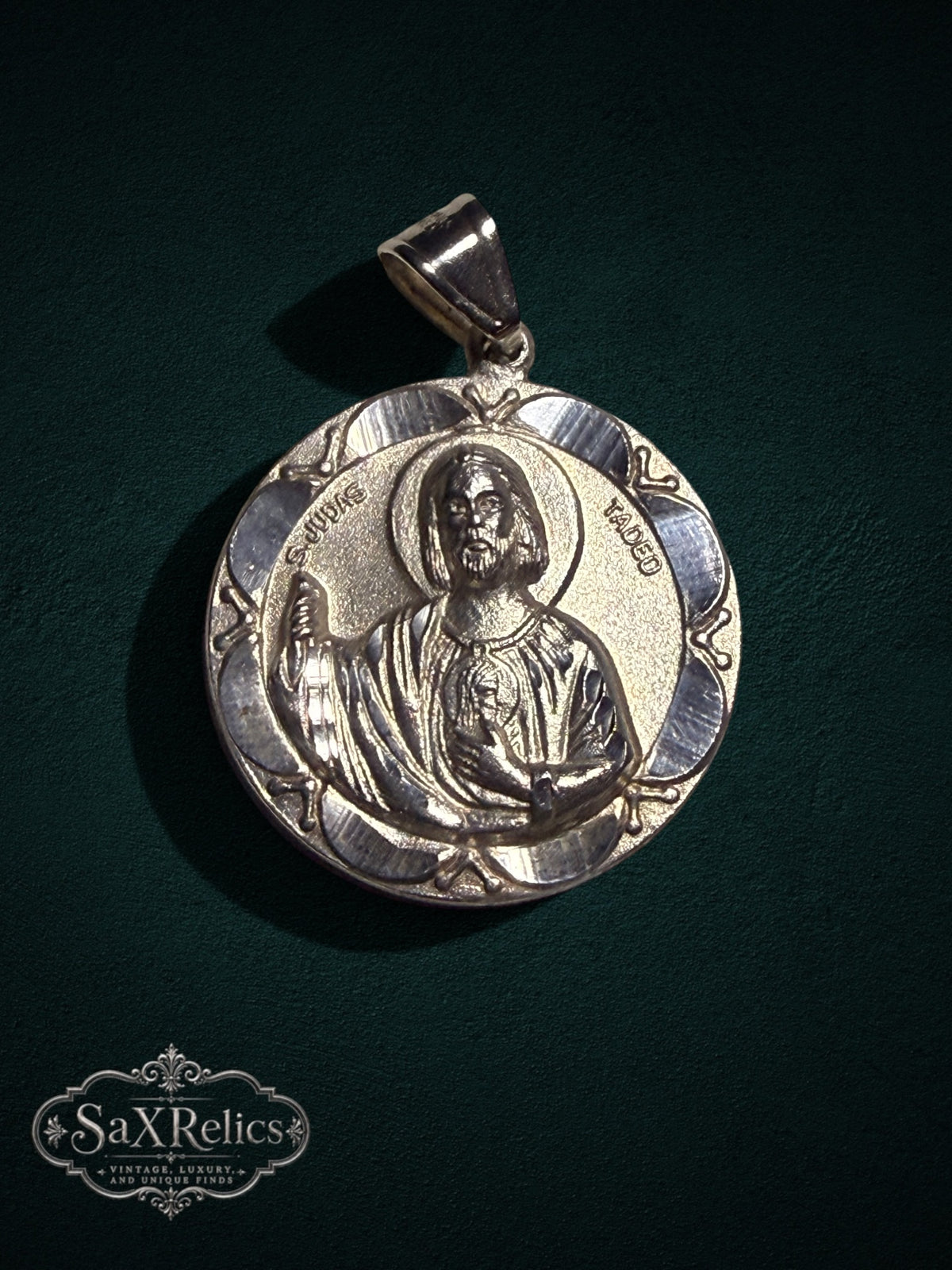 Tadeo sterling silver San Judas Tadeo medallion, front relief with polished scalloped border