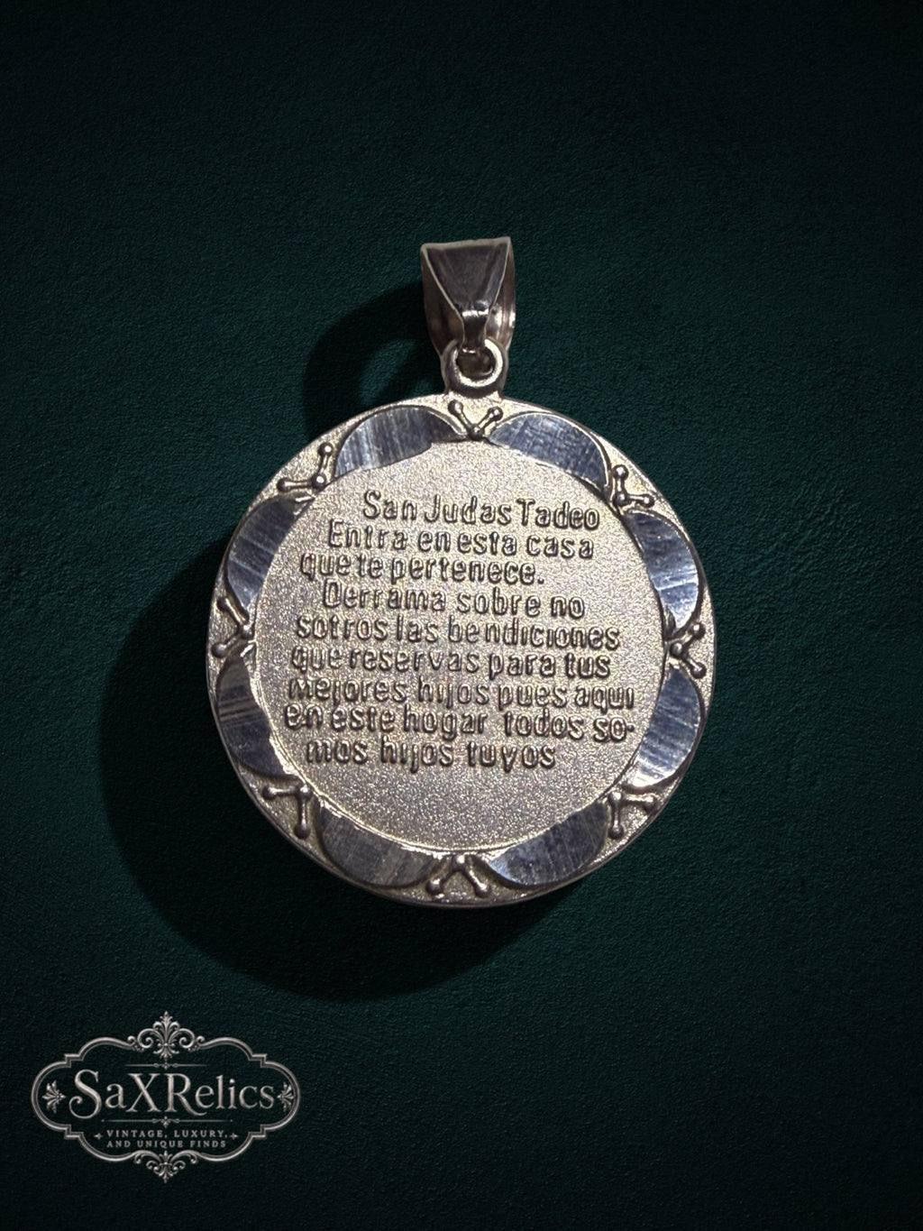 Tadeo sterling silver San Judas medallion, reverse engraved with a Spanish prayer