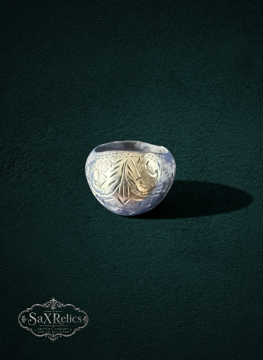 My Store SaXRelics vintage-inspired gold-toned signet ring with an intricate botanical etched motif.